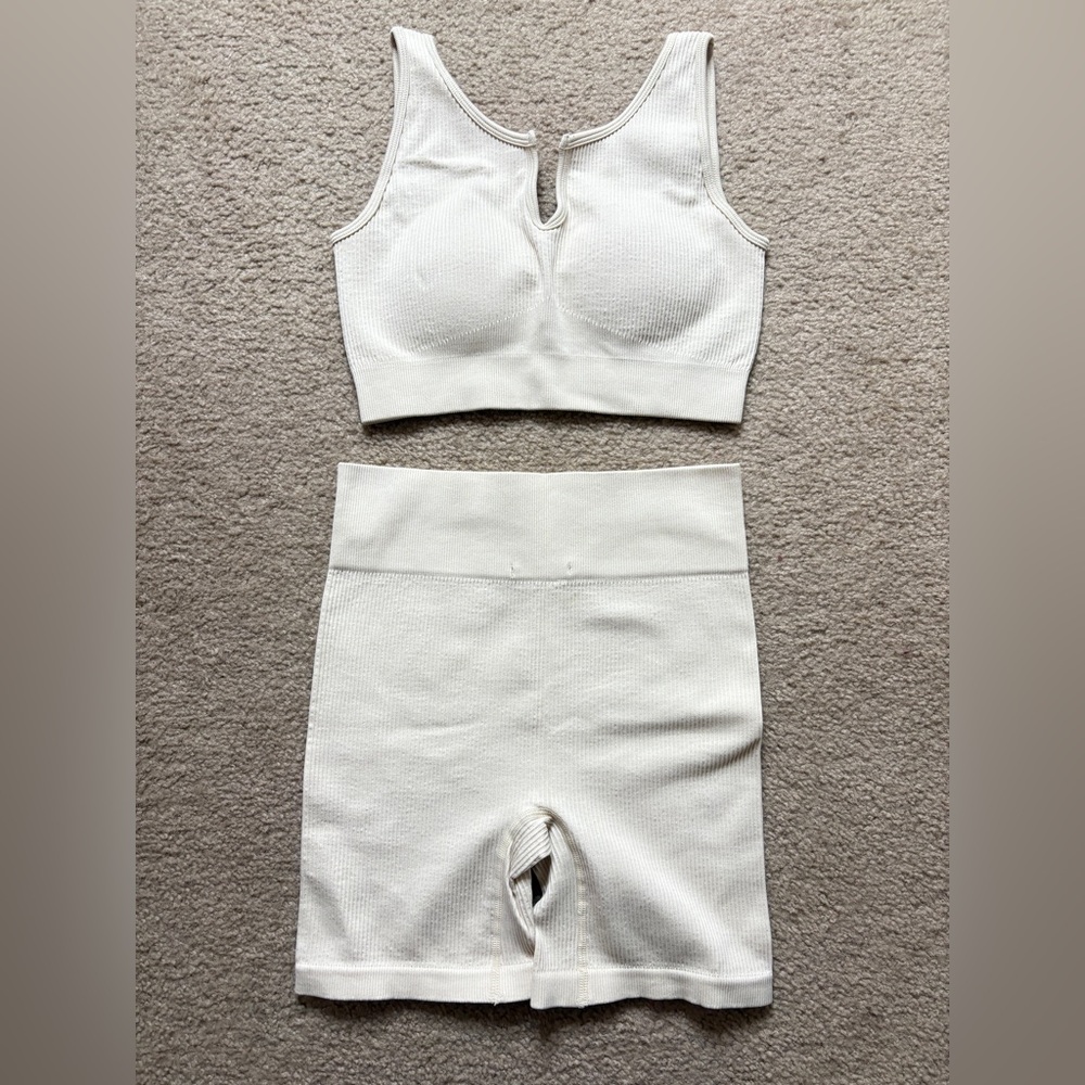 Cream Sports Bra & Biker Shorts Set